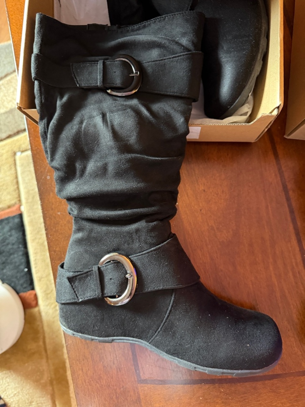 Black and Brown Slouchy Buckle Knee-High Boots - Women - Picture 2 of 7